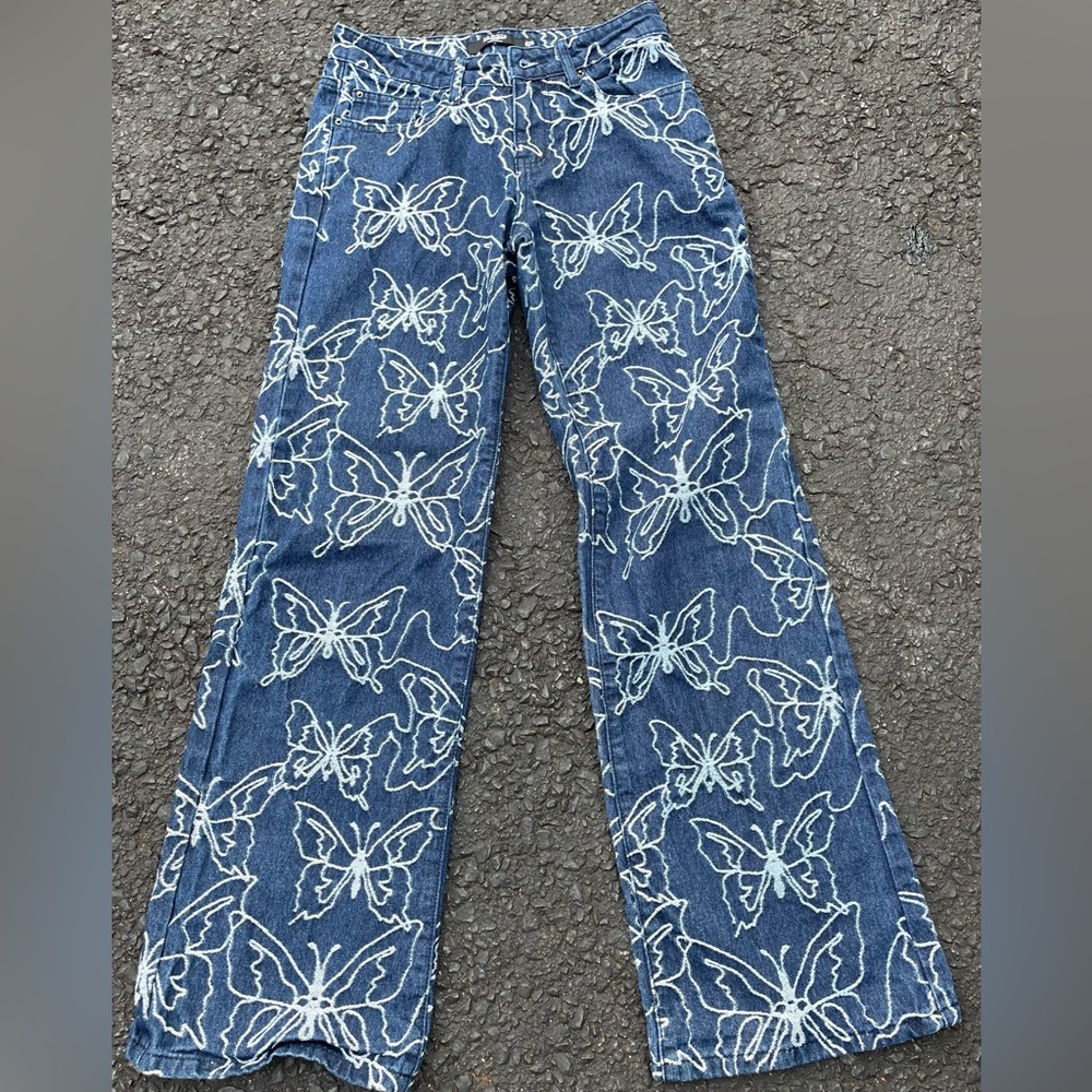 Y2K Festival Grunge Goth‎ Blue Butterfly Pattern Denim Womens Low Rise Flare 25"